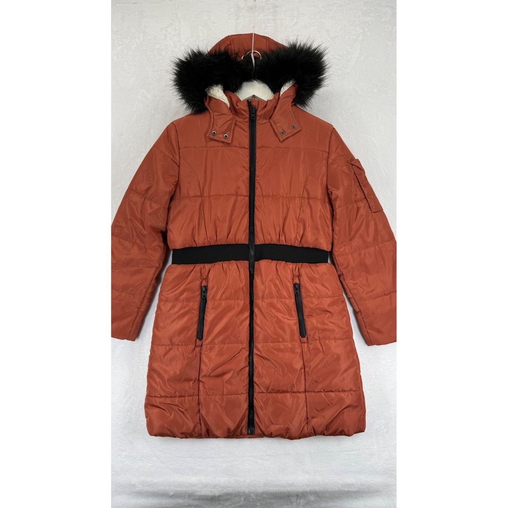 Hudson Rust‎ Orange Quilted Puffer Parka Faux Fur Trim Hood Sherpa Lined XL READ
